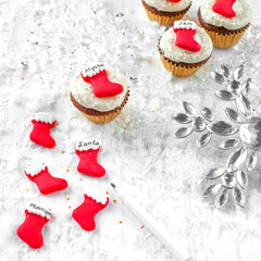 Mini Holiday Christmas Cupcakes with Decorations with Silver Accents and Snow