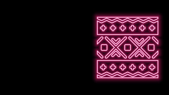 Glowing neon line Ukrainian ethnic pattern for embroidery icon isolated on black background. Traditional folk art knitted embroidery pattern. 4K Video motion graphic animation