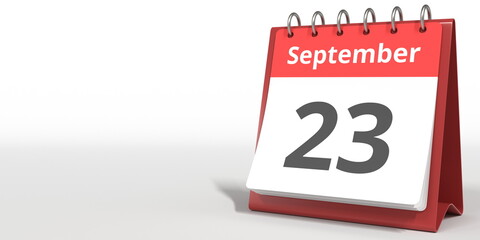 September 23 date on the flip calendar page, 3d rendering
