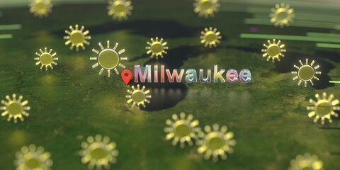 Sunny weather icons near Milwaukee city on the map, weather forecast related 3D rendering