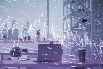 Double exposure of stock market graph drawing and office interior background. Concept of financial analysis.