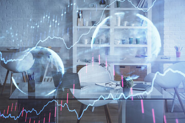 Double exposure of financial graph drawing and office interior background. Concept of stock market.