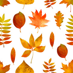 Watercolor autumn leaves seamless pattern. Yellow bright fall texture in vintage style