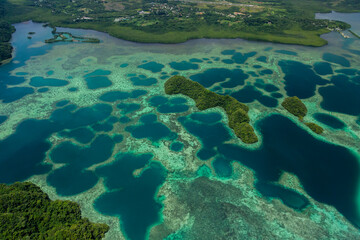 Aerial view of islands and reefs in Palau Conservation Area