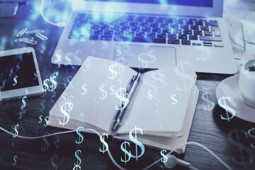 Multi exposure of financial graph drawings and desk with open notebook background. Concept of forex