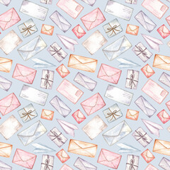 Vintage seamless pattern with letters and envelopes on a light blue background. Cute watercolor elements. For Valentine's Day, wrapping paper and post office decor. 