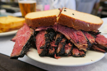 Pastrami/Smoked meat sandwich on a plate from the famous Katz Deli in New York