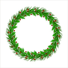 Fototapeta na wymiar Vector Christmas wreath round frame with spruce branches and red berries.