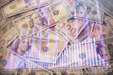 Multi exposure of forex chart drawing over us dollars bill background. Concept of financial success markets.
