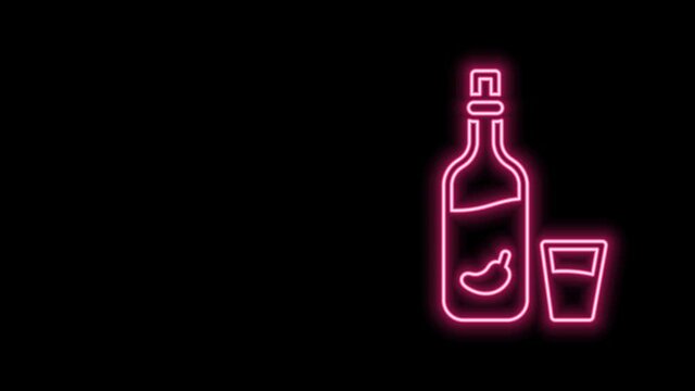 Glowing neon line Vodka with pepper and glass icon isolated on black background. Ukrainian national alcohol. 4K Video motion graphic animation