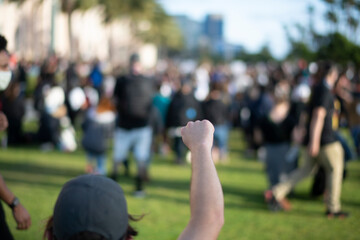 white arm and fist being raised at a peaceful rally