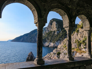 Beautiful arched window of saint Peter's church in Portovenere, Italy