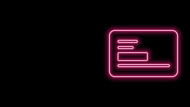 Glowing neon line Visiting card, business card icon isolated on black background. Corporate identity template. 4K Video motion graphic animation