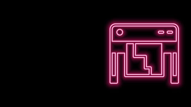 Glowing neon line Plotter icon isolated on black background. Large format multifunction printer. Polygraphy, printshop service. 4K Video motion graphic animation