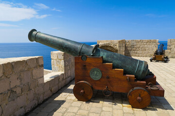 Side view of a cannon located at the Lovrijenac fortress in Dubrovnik, Croatia