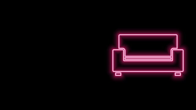 Glowing neon line Sofa icon isolated on black background. 4K Video motion graphic animation