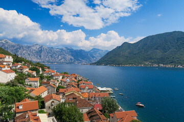 Fototapeta na wymiar Beautiful view of Perast's village and the adriatic sea from the top of Saint Nicholas bell tower