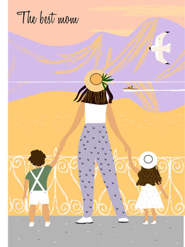 
Mom with children. Vector cute illustration with mom and children on a walk for print, design, magazine, postcard, background, poster.