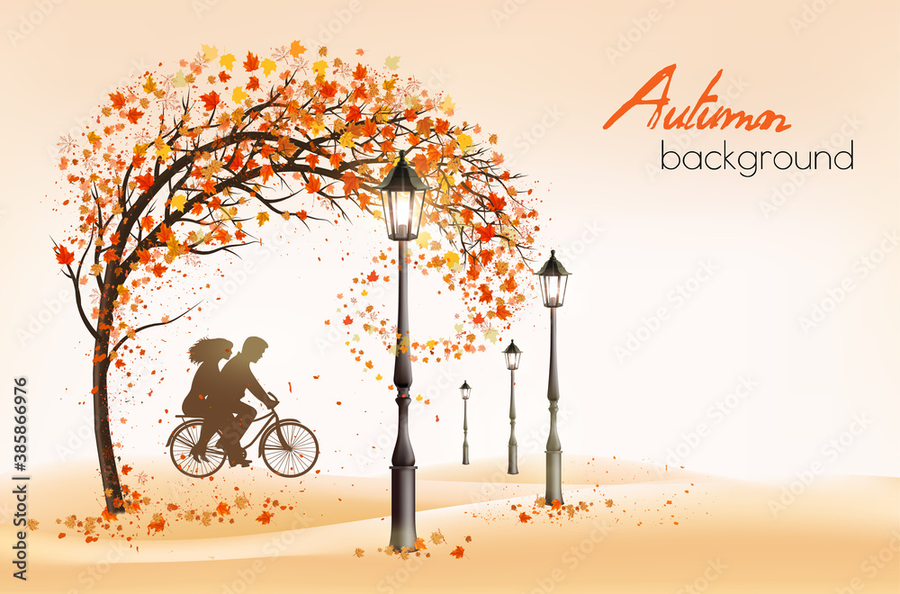 Aufkleber hello a gold autumn. autumn landscape with autumn colorful leaves on the tree and bike with silhouet
