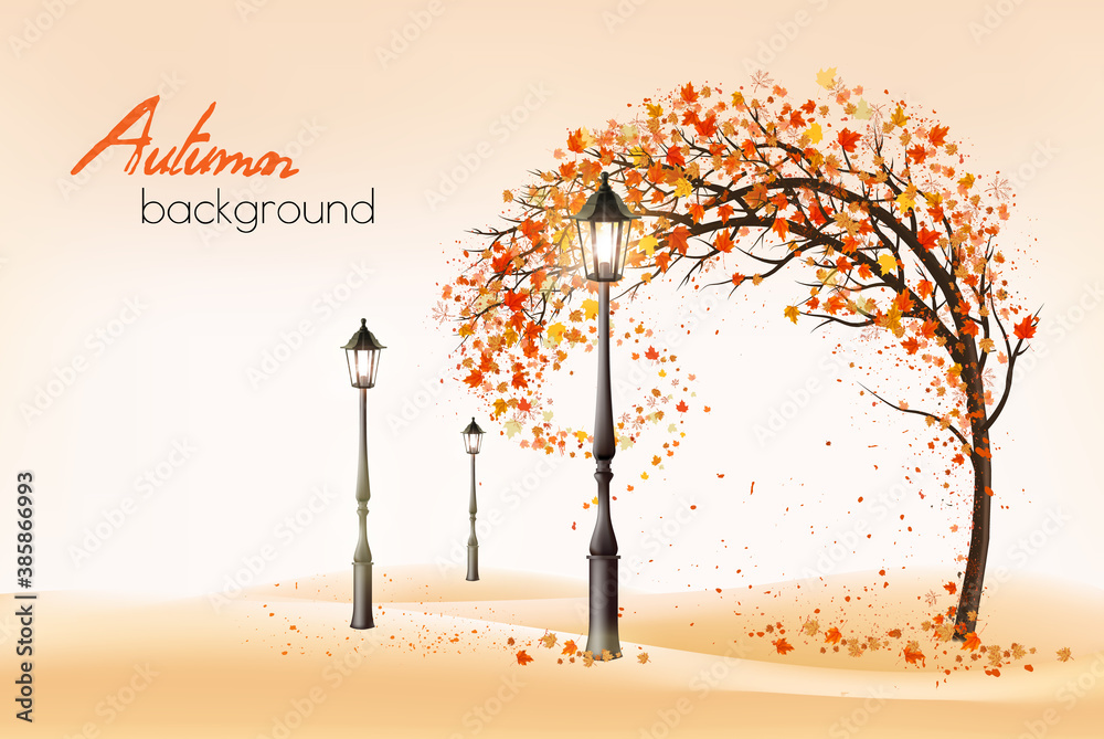 Poster hello a gold autumn. autumn landscape with autumn colorful leaves on the tree and lampposts in a par
