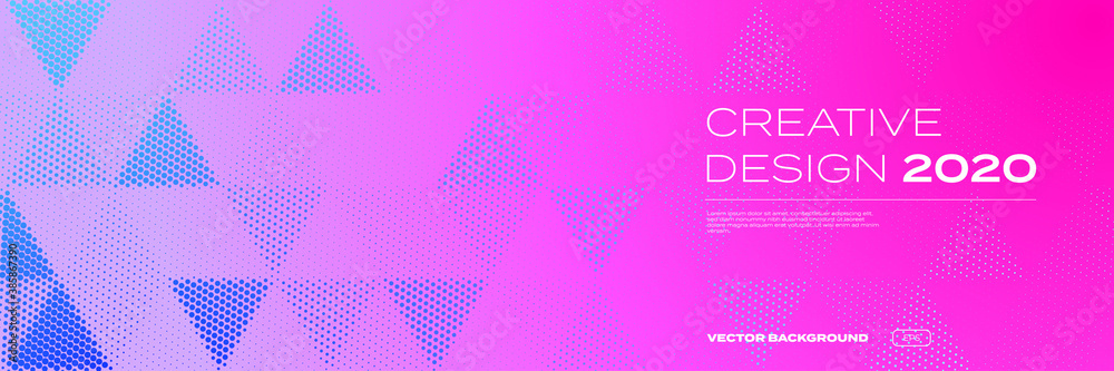 Poster Background pattern, halftone color gradient, vector modern trend, creative design of 2020. Triangle geometric abstract pattern on purple pink neon color background