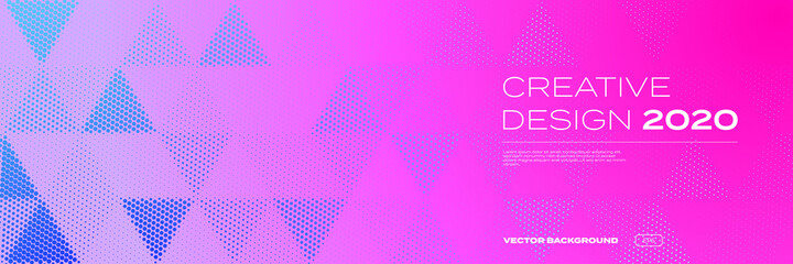 Background pattern, halftone color gradient, vector modern trend, creative design of 2020. Triangle geometric abstract pattern on purple pink neon color background