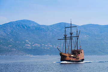 Fototapeta na wymiar The Karaka galleon sailing on the Adriatic sea in Croatia