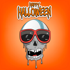 Happy Halloween. Rugby ball with skull in sunglasses with paint. Graffiti illustration of rugby ball with skull on isolated background. Skull art image. Vector illustration