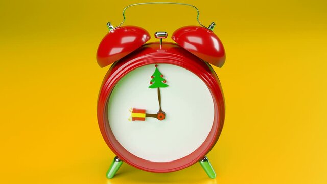 Conceptual alarm clock on the topic of Christmas. Countdown to gifts and green trees.
Gifts are falling on the back. Sale, promotions, bargains, price reductions.
Last frame can be easy loopable. Incl