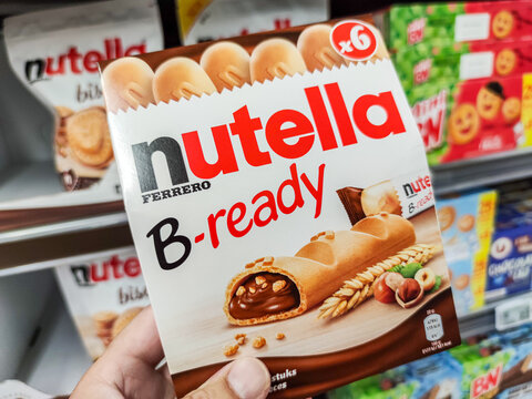Nutella B-Ready chocolate bars nox on Supermarket shelves.Nutella is the  brand name of a chocolate hazelnut. Photos | Adobe Stock