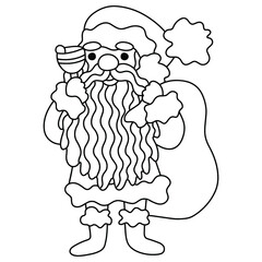 Happy Santa Claus full length with gift bag and bell coloring page stock vector illustration. Merry Christmas Santa coloring page for kids and adults. Funny children game for winter holidays pastime