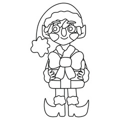 Christmas elf with gift coloring page stock vector illustration. Cartoon smiling elf boy with christmas gift black and white vector illustration. Funny merry christmas elf coloring page for kids.
