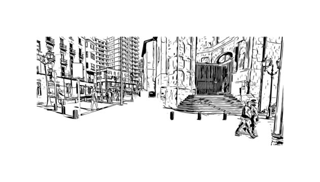 recommend clip art: Building view with landmark of Bilbao, an industrial port city in northern Spain. Hand drawn sketch illustration in vector.