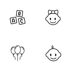 Set, collection of baby icons, such as balloons, faces, puzzles etc isolated on white background EPS Vector