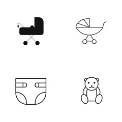 Set, collection of baby icons, such as diaper, teddy bear etc isolated on white background EPS Vector