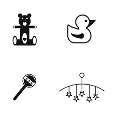 Set, collection of baby icons, such as teddy bear, duck, stars above the baby bed etc isolated on white background EPS Vector