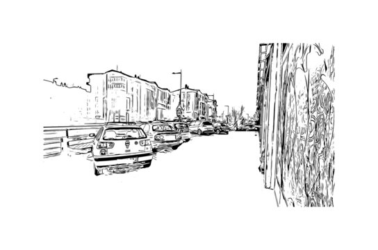 recommend clip art: Building view with landmark of Bilbao, an industrial port city in northern Spain. Hand drawn sketch illustration in vector.