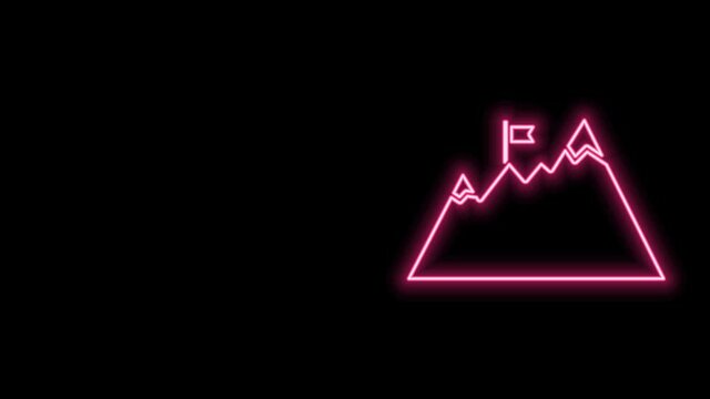 Glowing neon line Mountains with flag on top icon isolated on black background. Symbol of victory or success concept. Goal achievement. 4K Video motion graphic animation