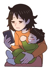 夜泣きする赤ちゃんに疲れてスマホをみるお母さん