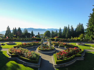 View of the famous rose garden of the university of British Columbia facing the pacific ocean in Vancouver