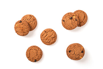 Chocolate chip butter cookies isolated on white background. top view
