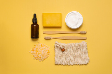 Natural organic spa cosmetics on yellow background