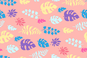 Summer branches and leaves tropical seamless pattern. Exotic cartoon wallpaper. Monstera, palm and exotic forest. Hawaiian flat plants jungle pink background. Vector illustration