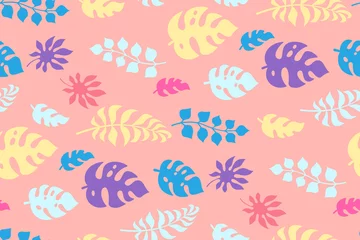 Meubelstickers Summer branches and leaves tropical seamless pattern. Exotic cartoon wallpaper. Monstera, palm and exotic forest. Hawaiian flat plants jungle pink background. Vector illustration © neliakott