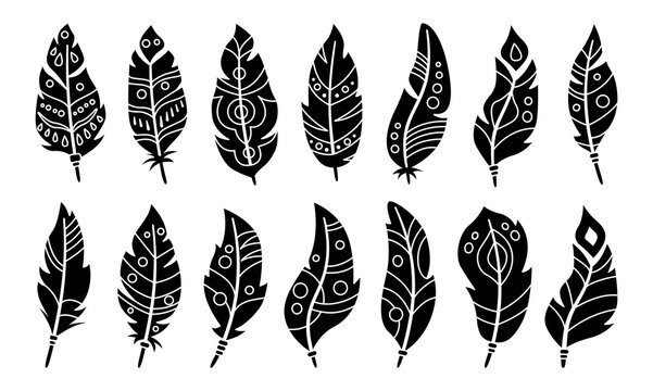 Boho feather black silhouette cartoon set. Glyph bird feathers pattern, hand drawn design collection. Ethnic bohemian style, hipster, indian symbols. Vector illustration