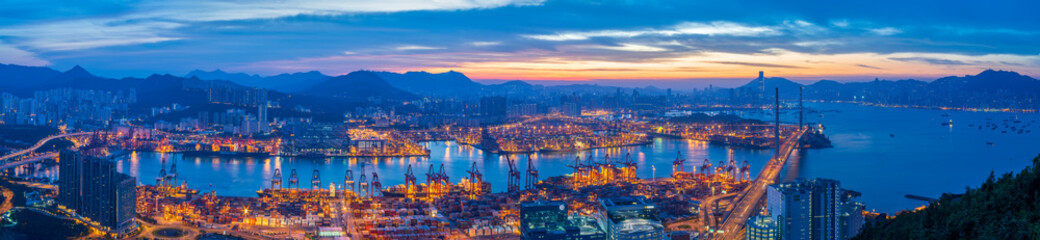 Fototapeta na wymiar Stonecutters Bridge & Container port from Tsing Yi at Sunrise, Hong Kong