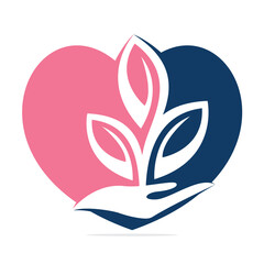 Love Plant in Hand Vector Logo Design. Natural Products in Heart Shape. Cosmetics and Spa logo.