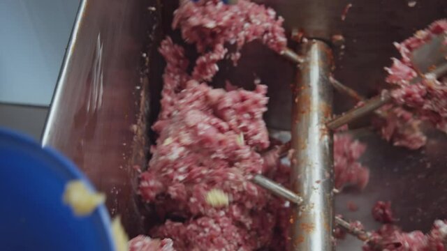 Close-up of working industrial cutter with grinded minced meat rotating. Hands of worker adding chopped garlic spices inside. Sausage production.