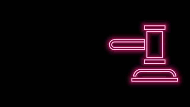 Glowing neon line Judge gavel icon isolated on black background. Gavel for adjudication of sentences and bills, court, justice. Auction hammer. 4K Video motion graphic animation