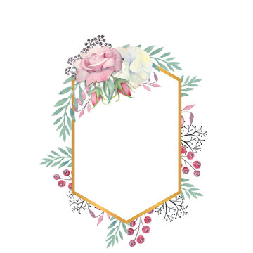White and pink roses flowers, green leaves, berries in a gold polygonal frame. Watercolor illustration